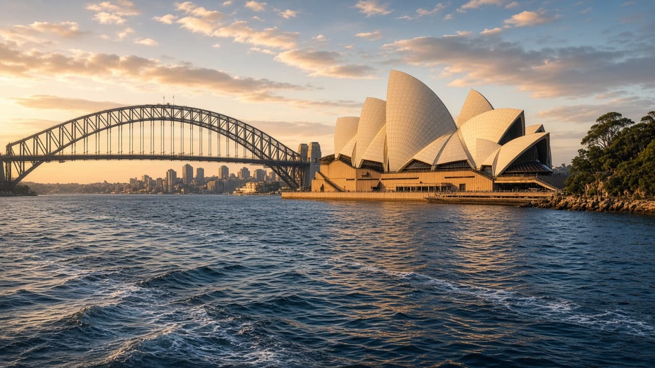 Sydney Harbour at late light, Opera House and Harbour Bridge across deep navy water